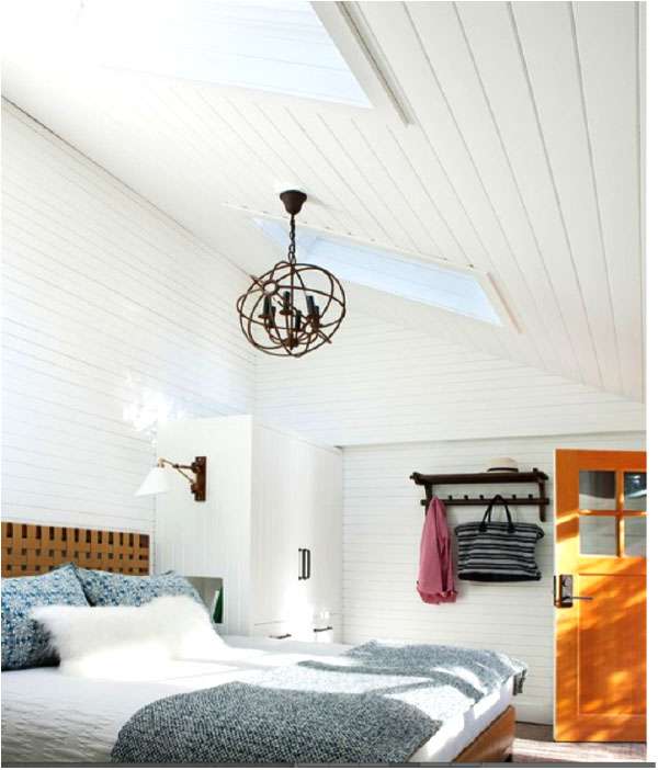 white valutled ceiling with restoration hardware style light